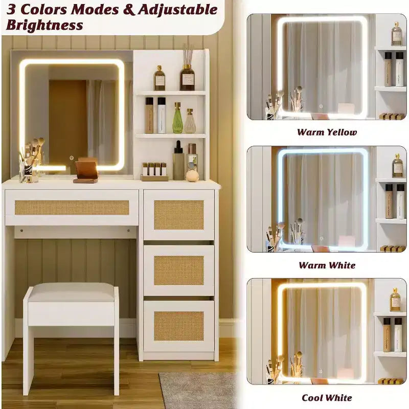 Toeletta in Rattan con Specchio, Mobile Trucco Bianco e Oro, 4 Cassetti, 2 Ripiani Aperti, Grande Tavolo da Trucco per Camera da Letto