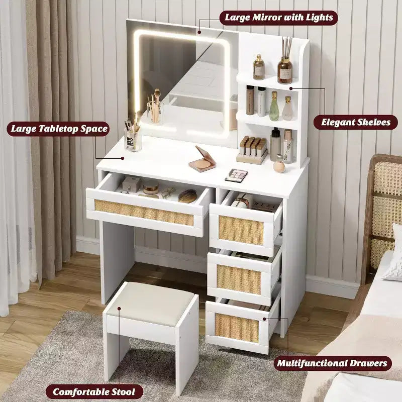 Toeletta in Rattan con Specchio, Mobile Trucco Bianco e Oro, 4 Cassetti, 2 Ripiani Aperti, Grande Tavolo da Trucco per Camera da Letto